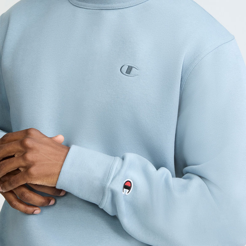 Champion Powerblend Crewneck Sweatshirt, C Logo in Cloudy Blue