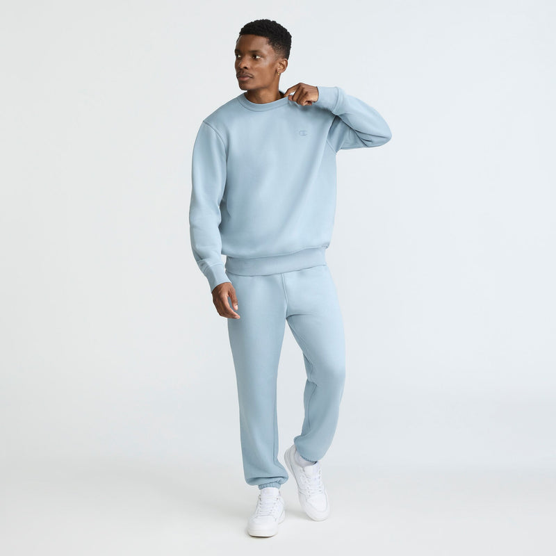 Champion Powerblend Crewneck Sweatshirt, C Logo in Cloudy Blue