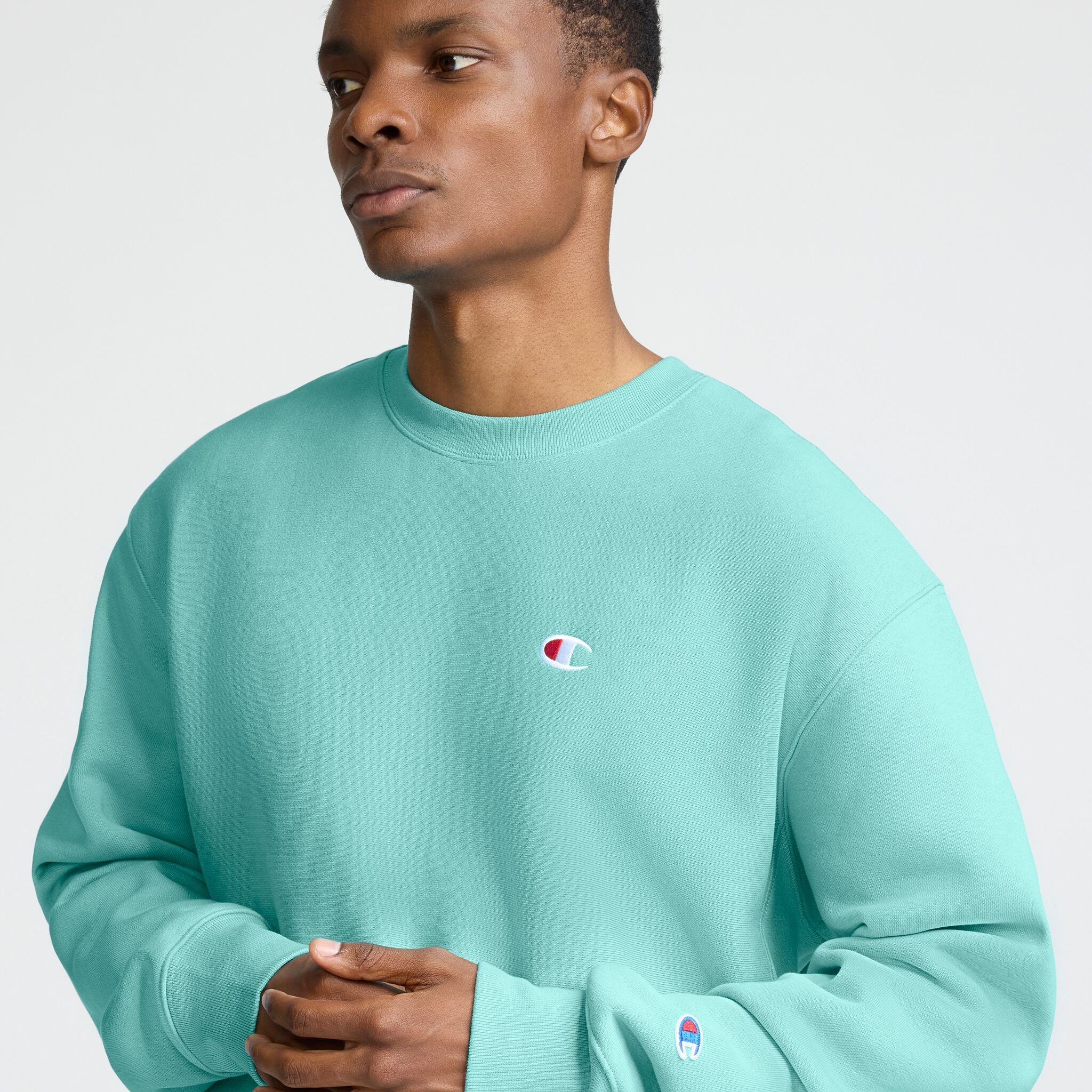 Champion Reverse Weave Crewneck Sweatshirt, C Logo in Milky Way Bl