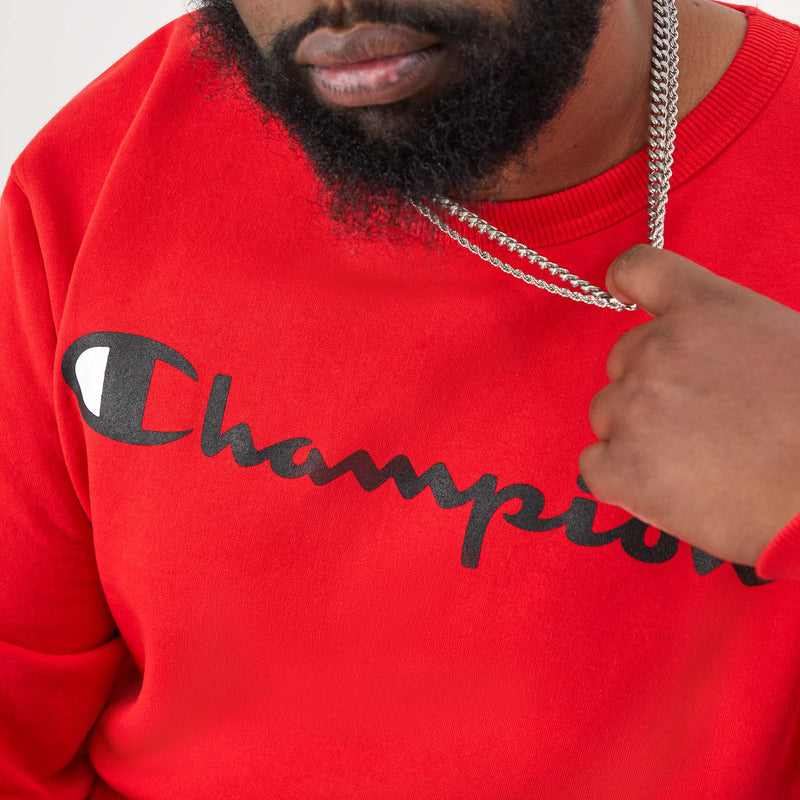 Champion Powerblend Crewneck Sweatshirt, Script Logo - Big & Tall in Team Red Scarlet