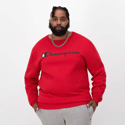 Champion Powerblend Crewneck Sweatshirt, Script Logo - Big & Tall in Team Red Scarlet