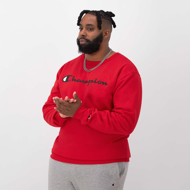 Champion Powerblend Crewneck Sweatshirt, Script Logo - Big & Tall in Team Red Scarlet