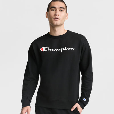 Champion Powerblend Crewneck Sweatshirt, Classic Script Logo in Black