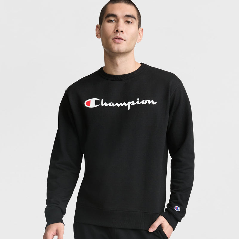 Champion Powerblend Crewneck Sweatshirt, Classic Script Logo in Black