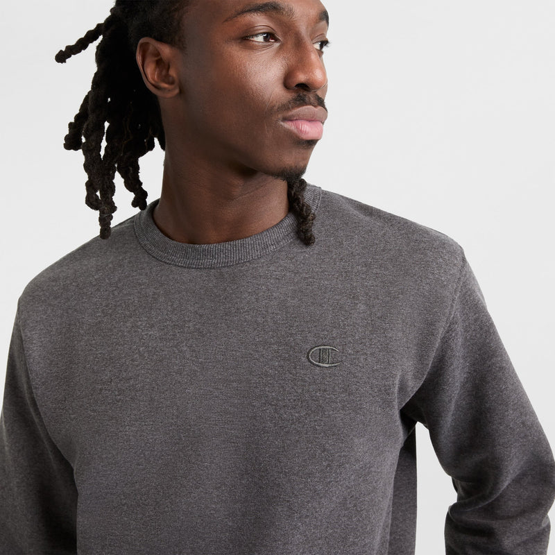 Champion Powerblend Crewneck Sweatshirt, C Logo in Granite Heather