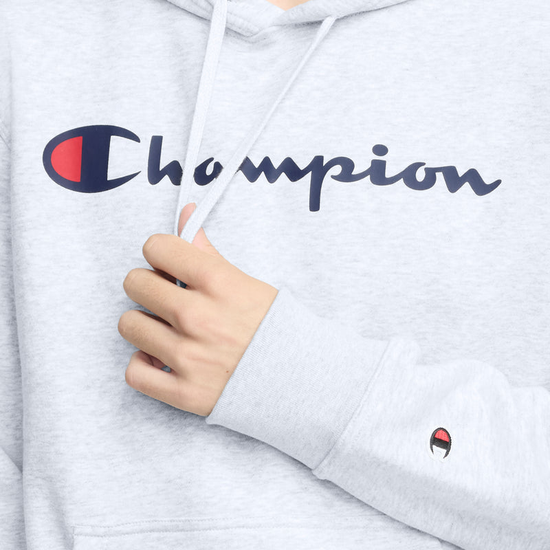 Champion Powerblend Hoodie, Full Script Logo in Platinum Silver Heather