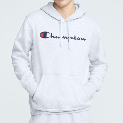 Champion Powerblend Hoodie, Full Script Logo in Platinum Silver Heather