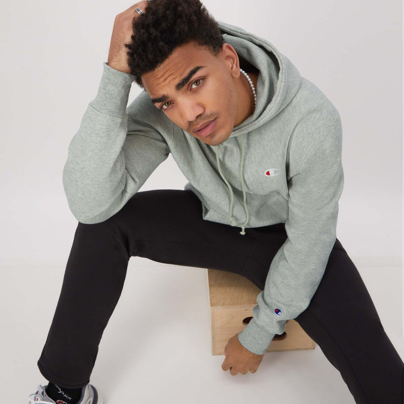Champion Reverse Weave Hoodie, C Logo in New Manhattan Mist Heather