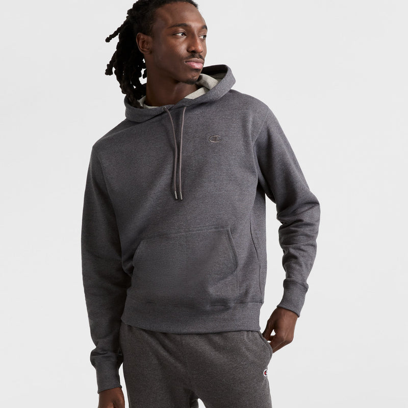 Champion Powerblend Hoodie, C Logo in Granite Heather
