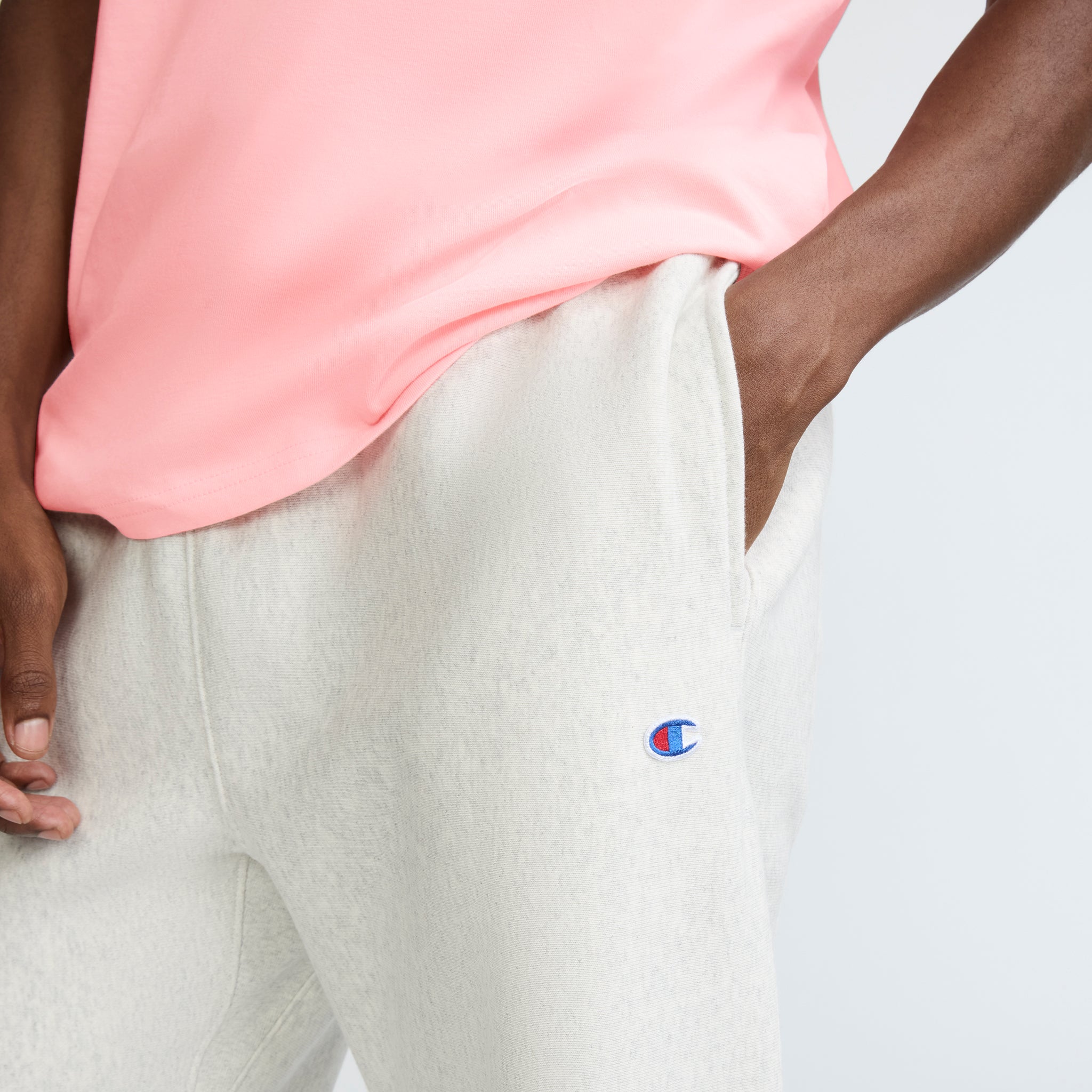 Champion Reverse Weave Sweatpants, C Logo in Platinum Silver Heather