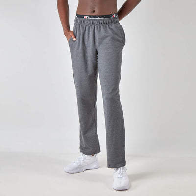 Champion Powerblend Sweatpants, Open Hem, C Logo in Granite Heather