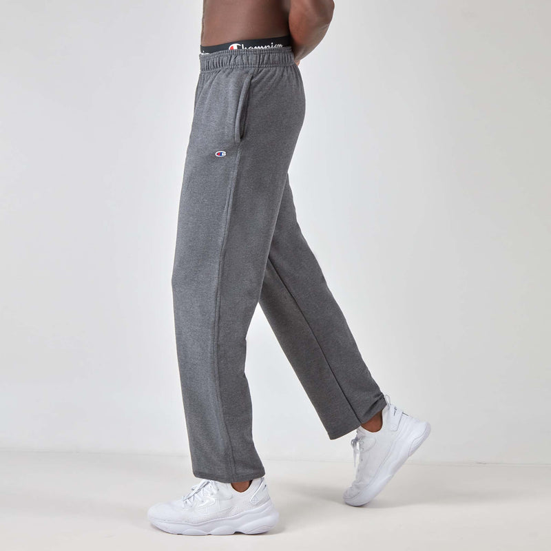 Champion Powerblend Sweatpants, Open Hem, C Logo in Granite Heather