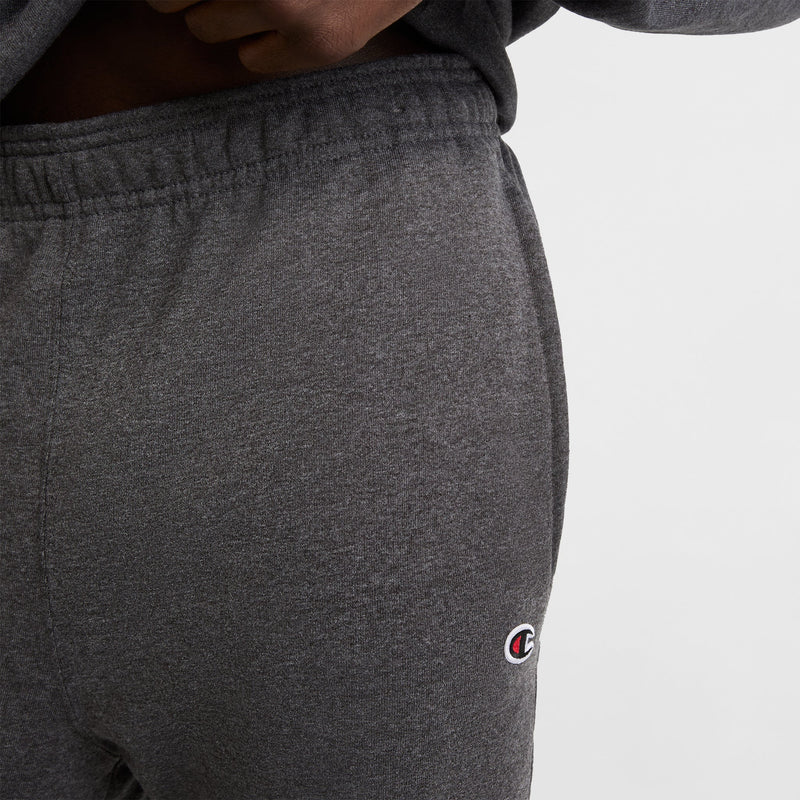 Champion Powerblend Sweatpants, Relaxed Hem, C Logo in Granite Heather