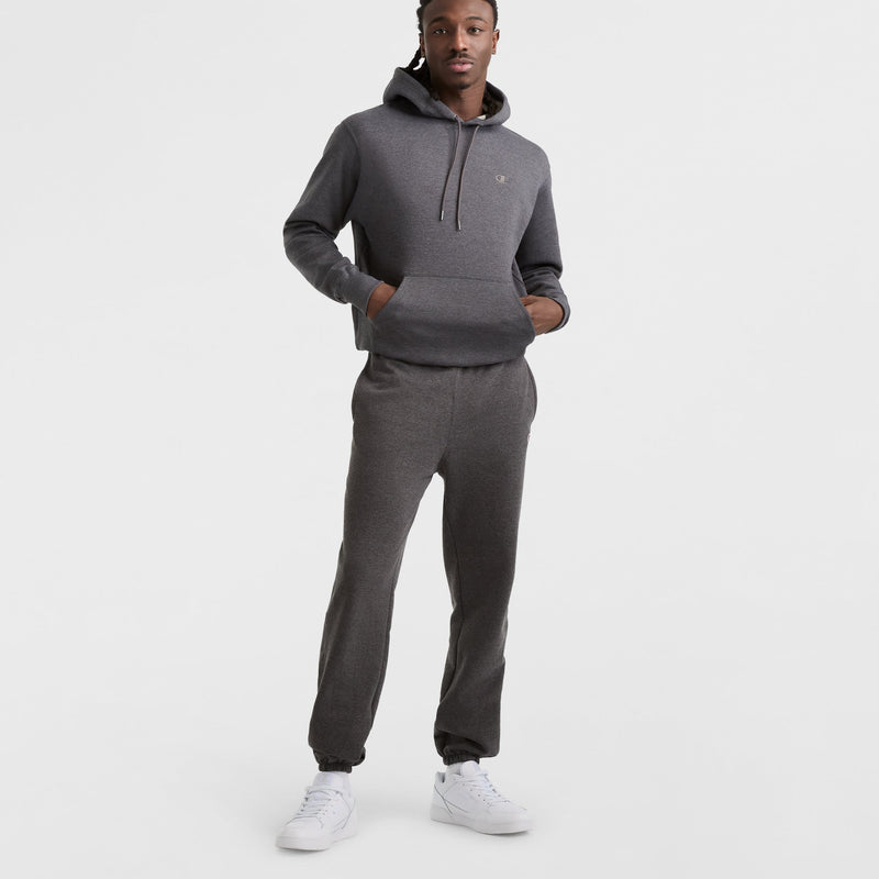Champion Powerblend Sweatpants, Relaxed Hem, C Logo in Granite Heather