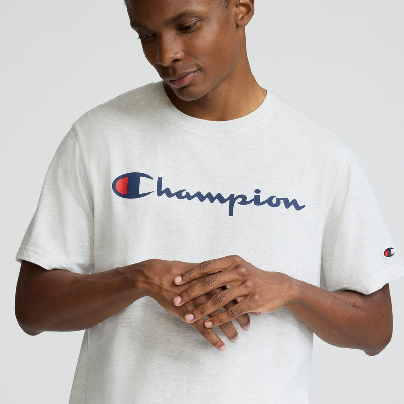 Champion Classic Graphic T-Shirt, Script Logo in Platinum Silver Heather