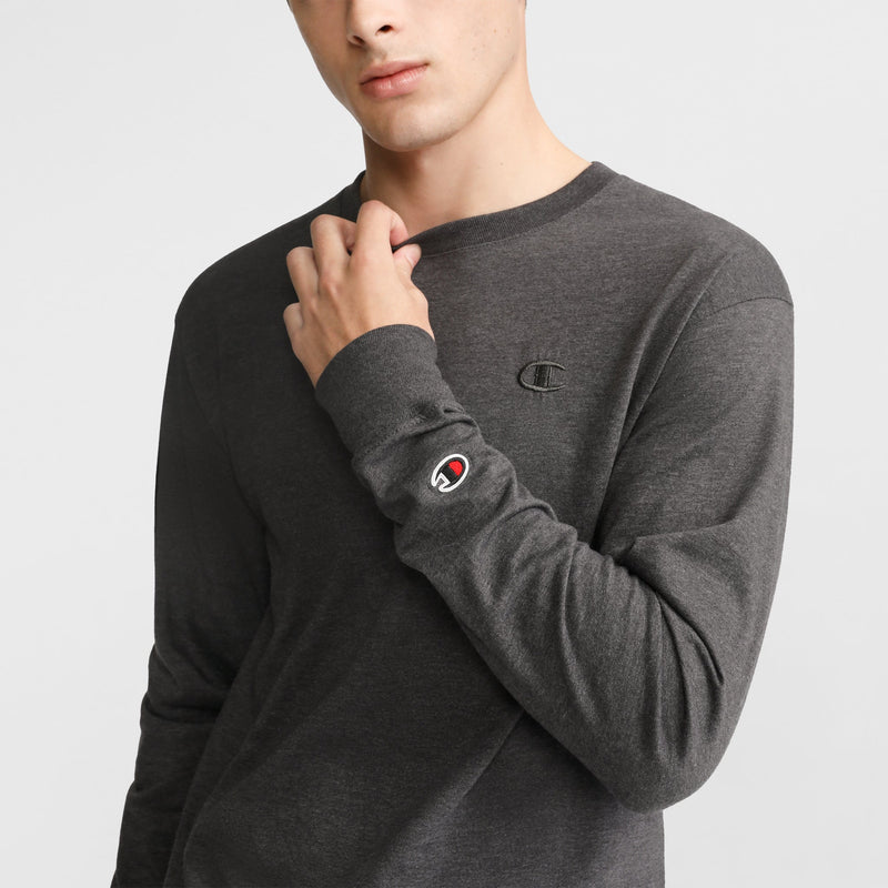 Champion Classic Long Sleeve T-Shirt, Embroidered C Logo in Granite Heather