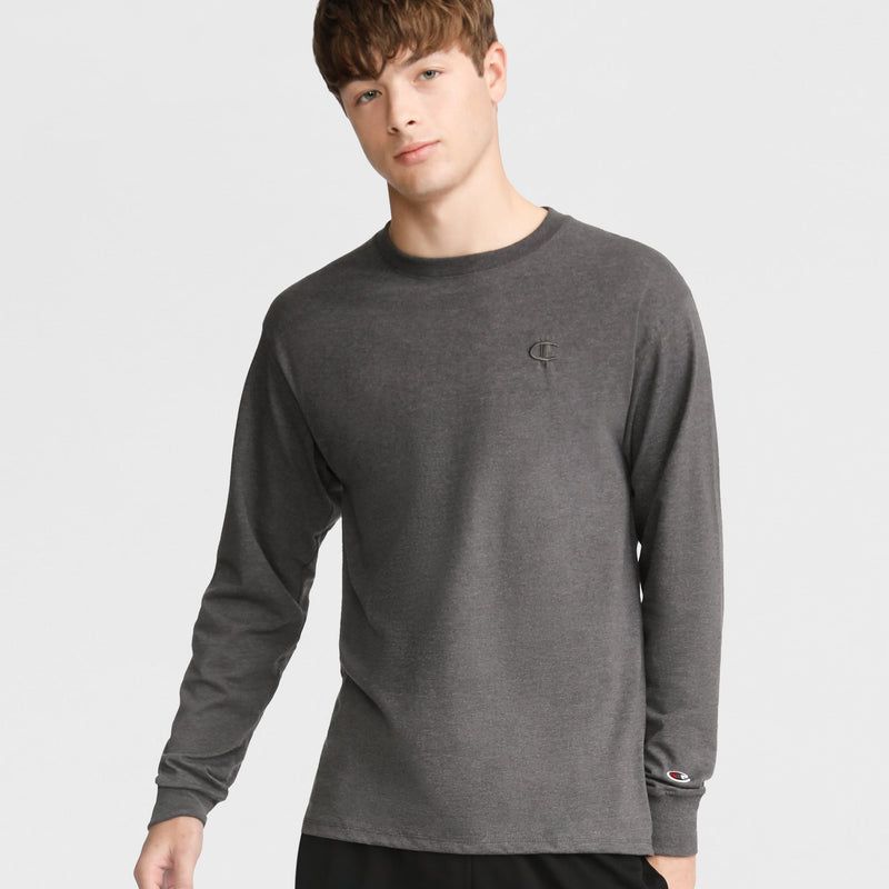 Champion Classic Long Sleeve T-Shirt, Embroidered C Logo in Granite Heather