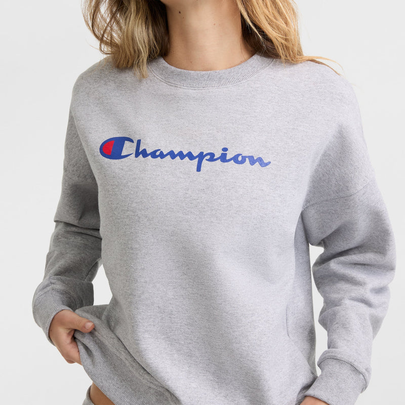 Champion Powerblend Crewneck Sweatshirt, Script Logo in New Manhattan Mist Heather