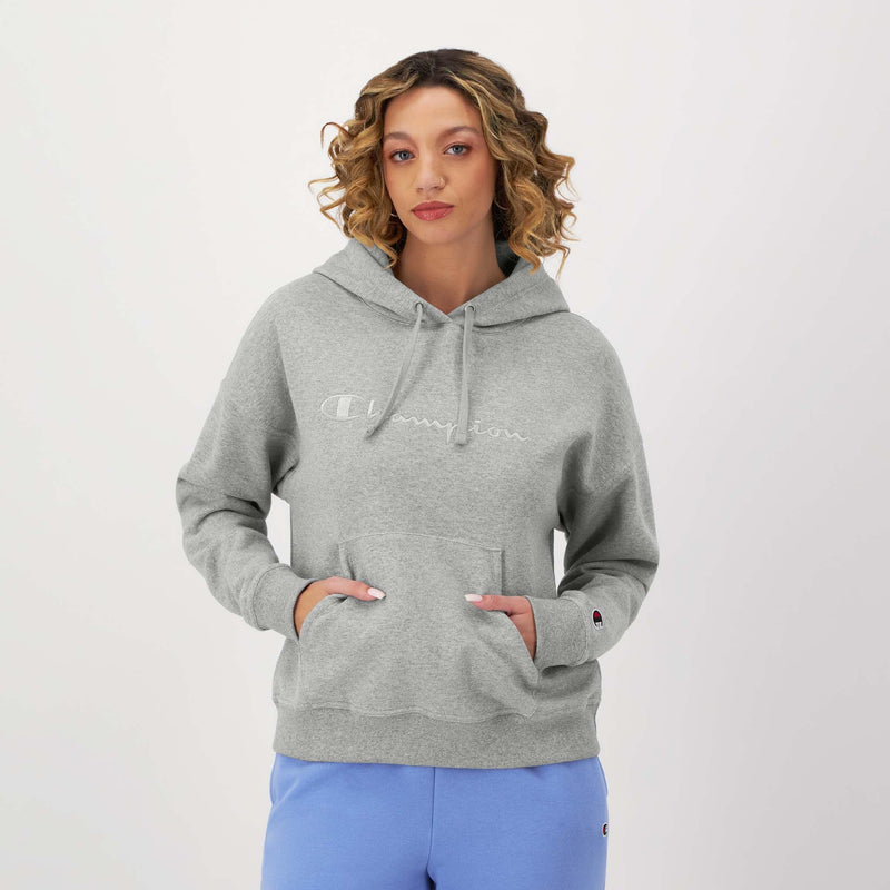 Champion Powerblend Hoodie, Relaxed, Full Embroidered Script Logo in New Manhattan Mist Heather
