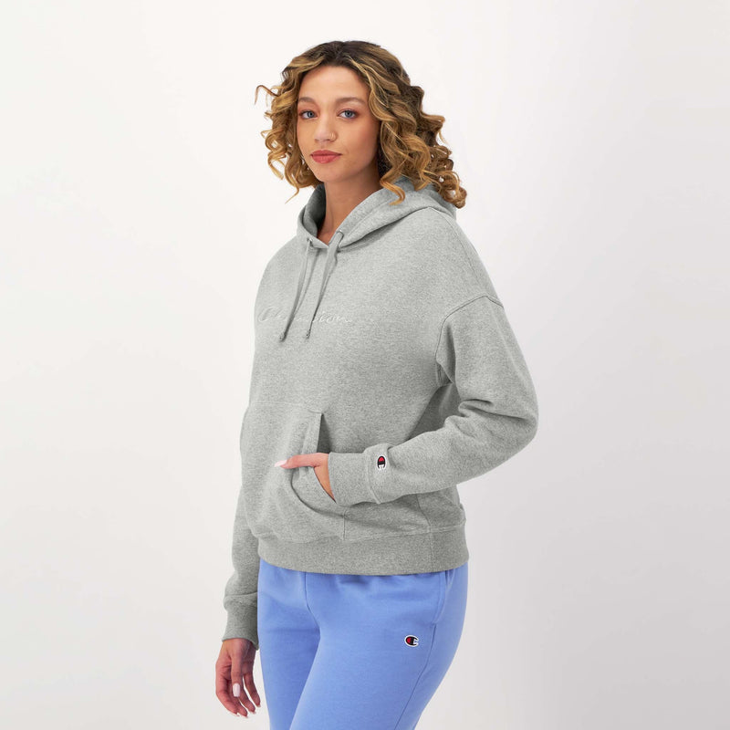 Champion Powerblend Hoodie, Relaxed, Full Embroidered Script Logo in New Manhattan Mist Heather