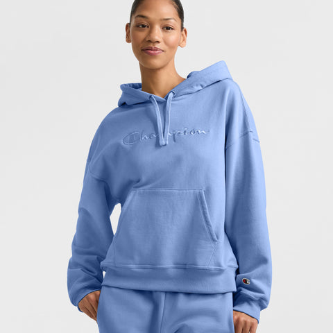 Champion Powerblend Hoodie, Relaxed, Full Embroidered Script Logo in Pewter Blue