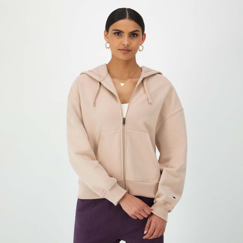 Champion Powerblend Zip-Up Hoodie, C Logo in Champagne Frost