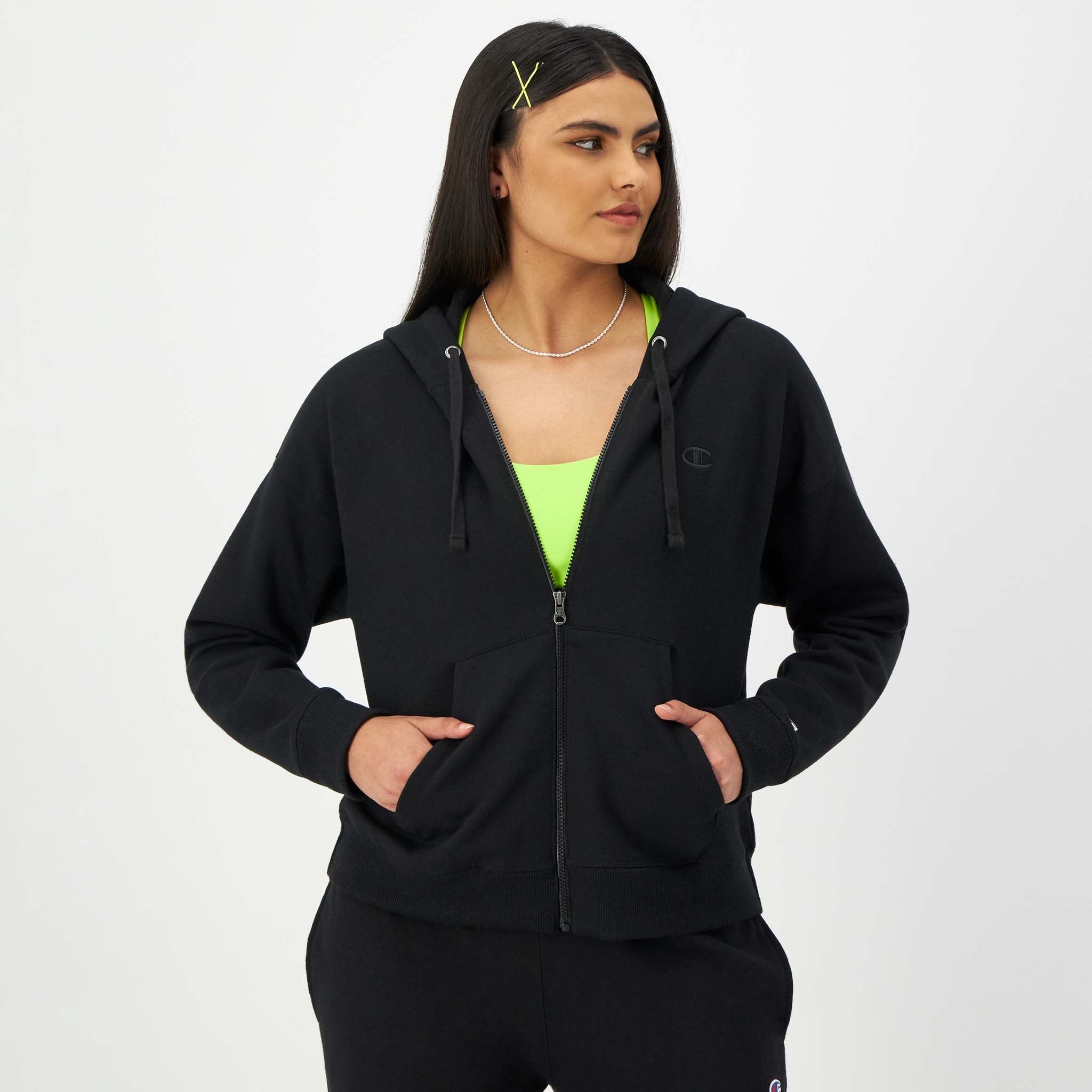 Champion Powerblend Zip-Up Hoodie, C Logo in Black