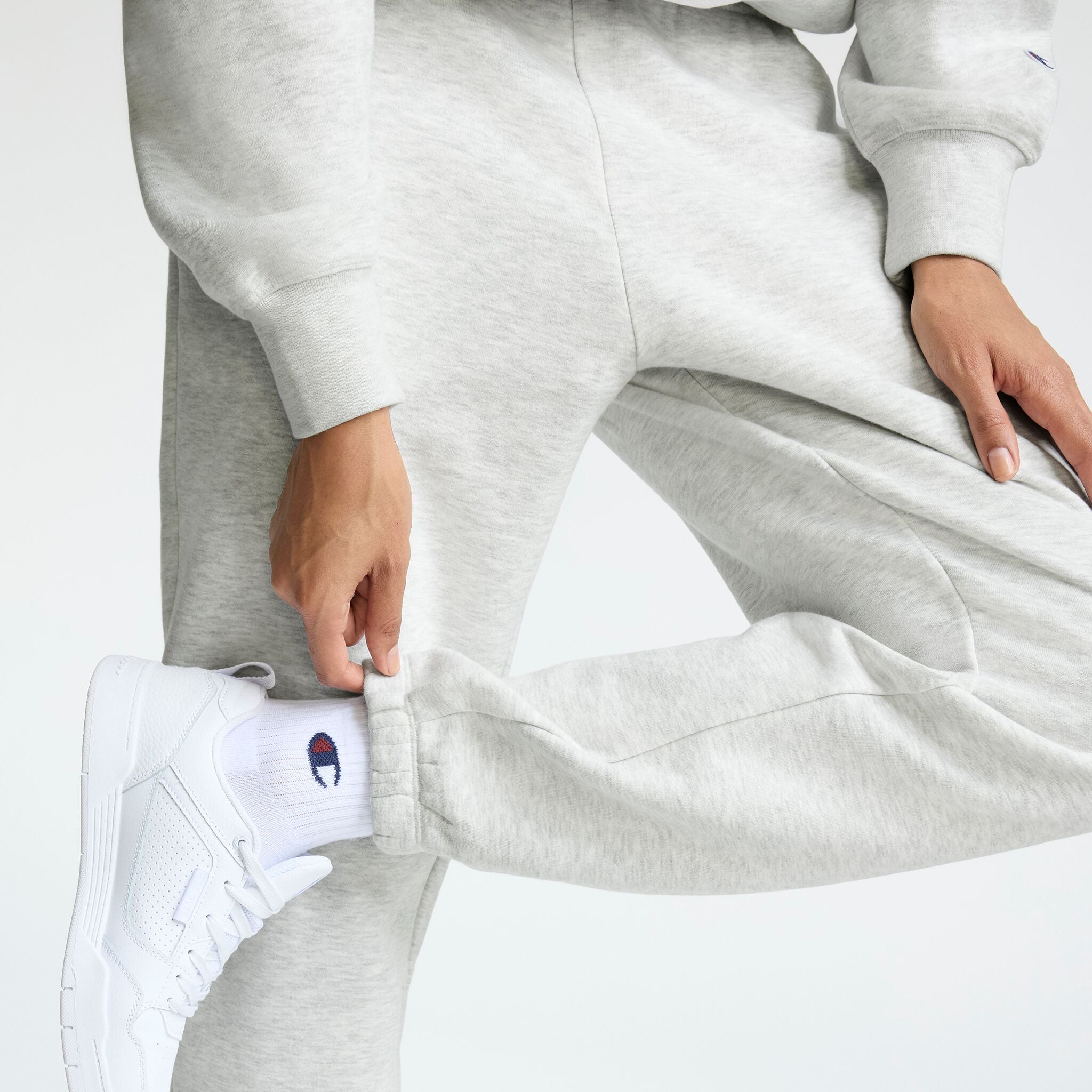 Champion Powerblend Oversized Sweatpants, C Logo in Platinum Silver Heather