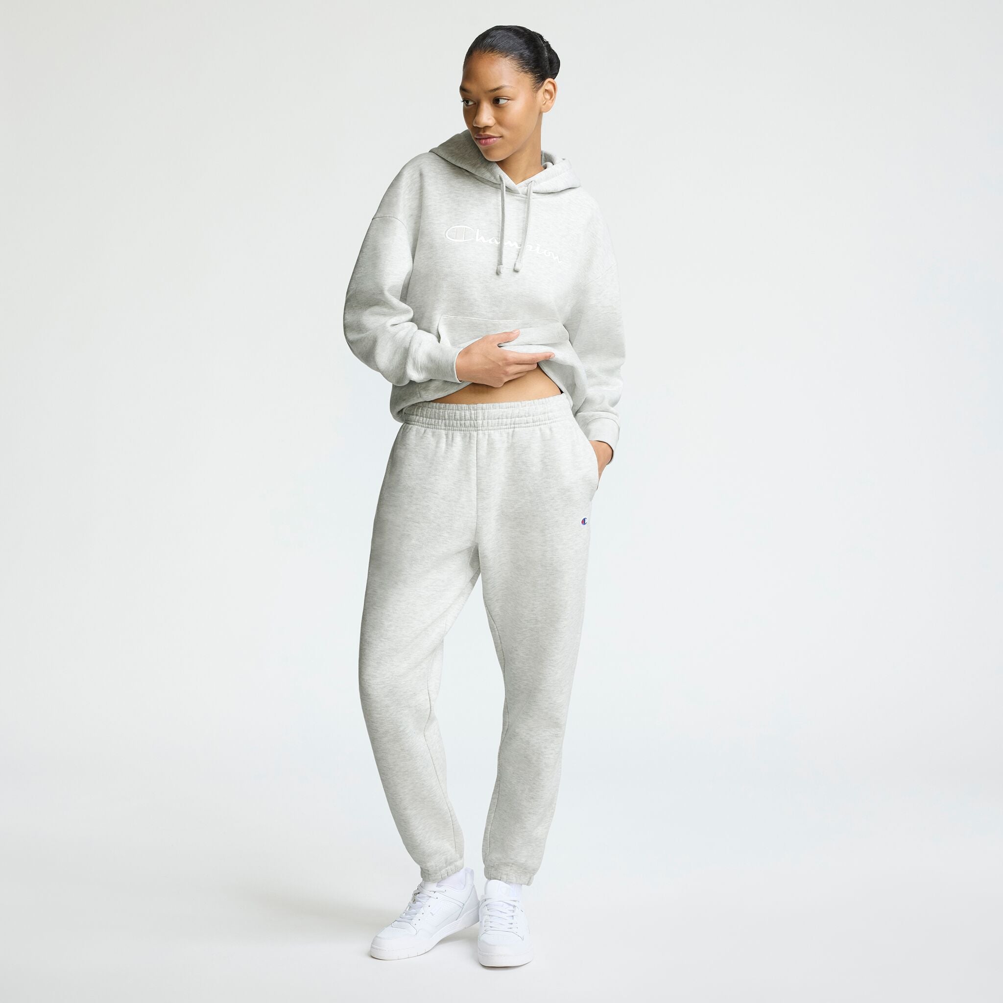 Champion Powerblend Oversized Sweatpants, C Logo in Platinum Silver Heather