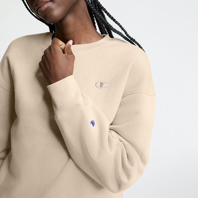 Champion Powerblend Crewneck, Small "C" in Champagne Frost