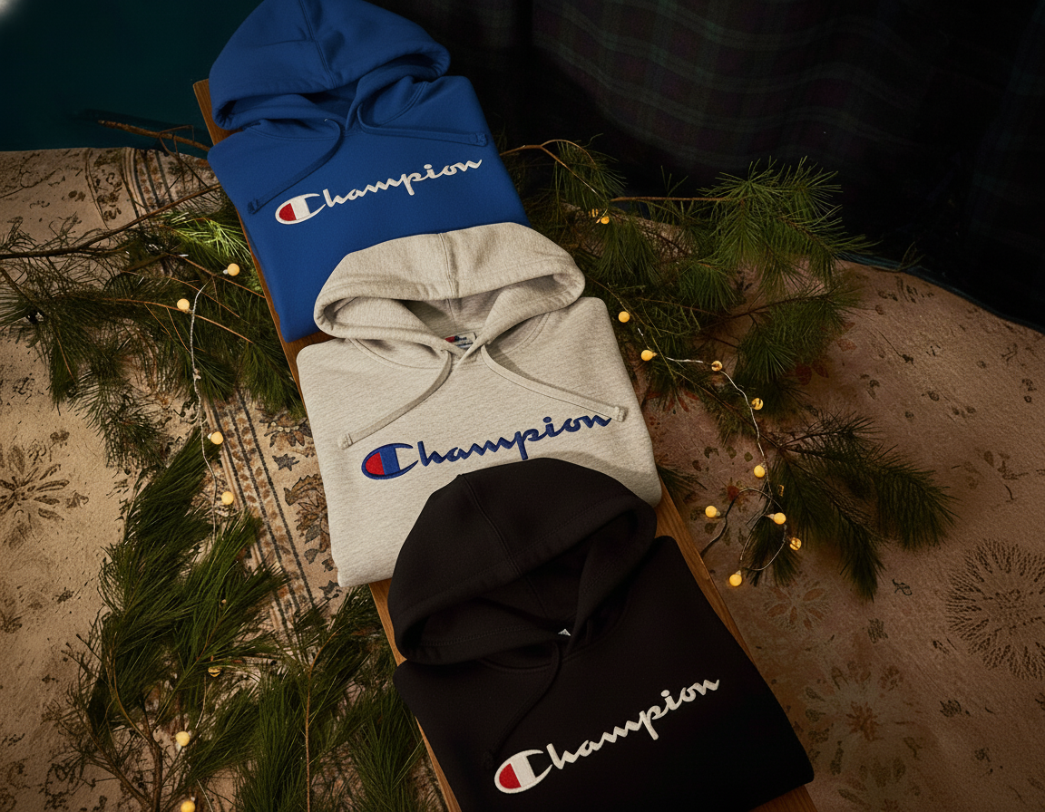 Three Champion hoodies in blue, gray, and black on a wooden surface with greenery and lights.