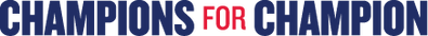 Text 'CHAMPIONS FOR CHAMPION' in blue and red on a white background