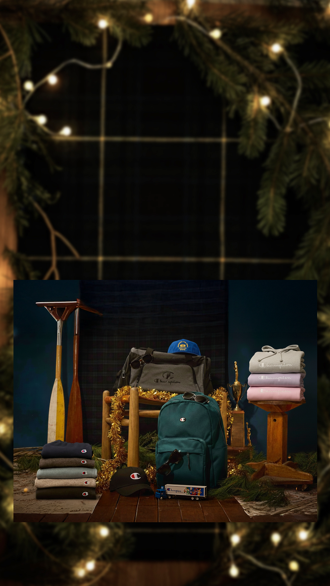 Collection of backpacks and bags displayed on a dark background with decorative elements.